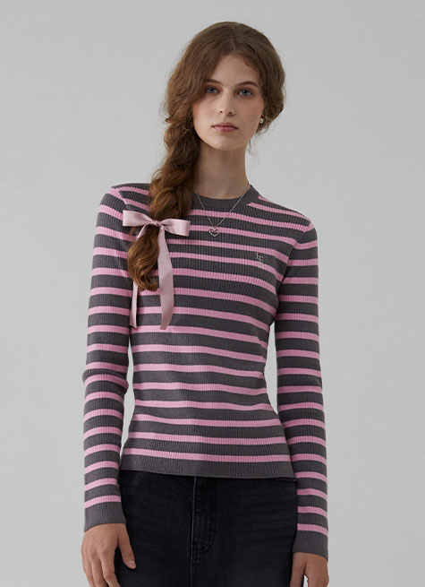 Logo Stripe Long sleeve Knit_Grey/Pink