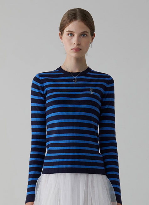 Logo Stripe Long sleeve Knit_Navy/Blue