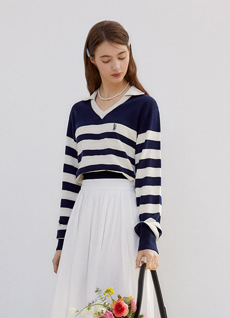 Stripe v-neck collar sweater_Navy