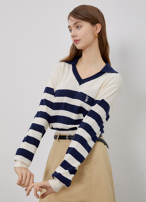 Stripe v-neck collar sweater_Ivory