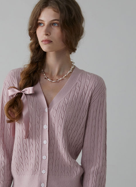 Classic Logo Embroidery cable cardigan_Pale Pink