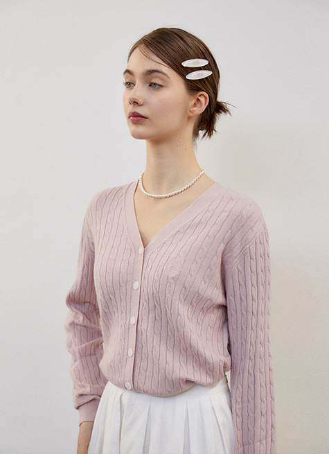Classic Logo Embroidery cable cardigan_Pale Pink